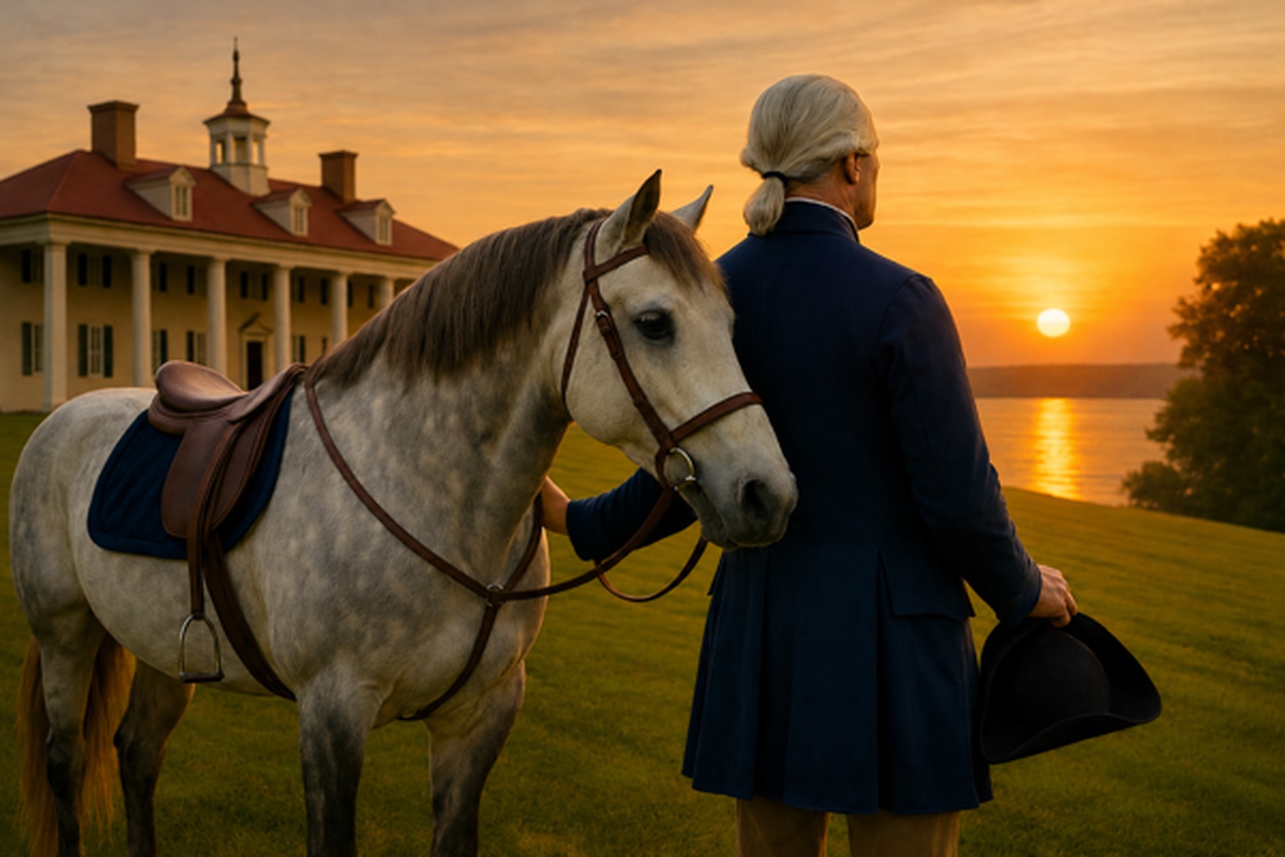 Ponder at the Potomac — George Washington standing with his horse Blueskin at Mount Vernon, watching the sun set over the Potomac River